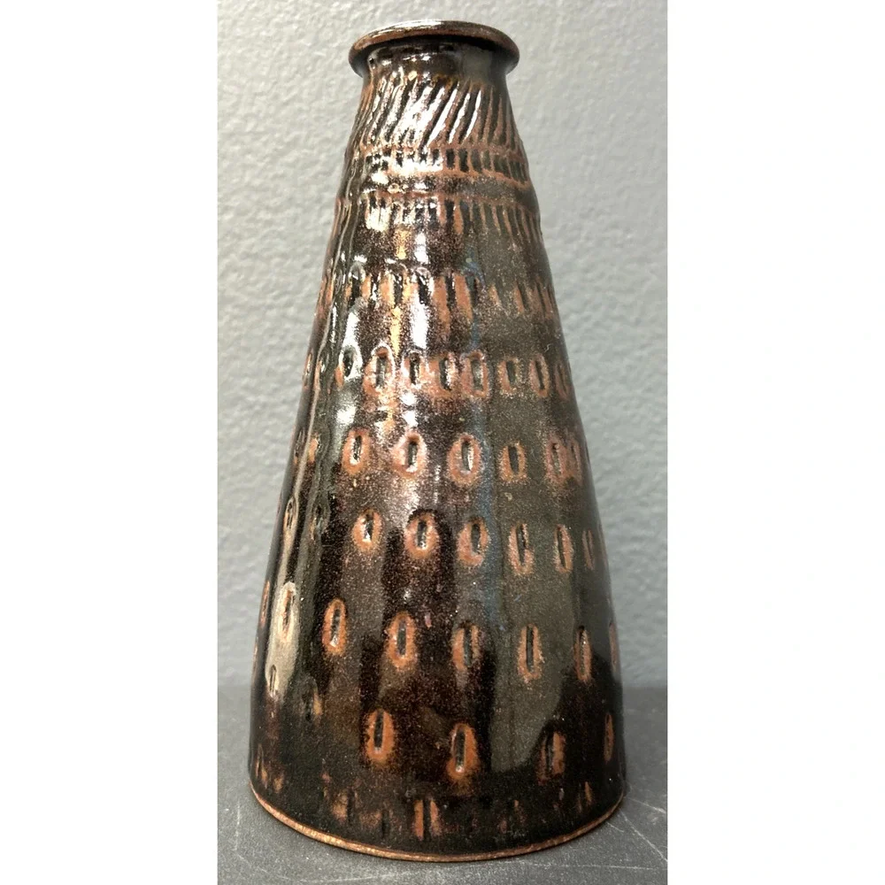 Signed Vintage Handmade Brown Textured 6 Inch Bud Vase Bottle Pottery